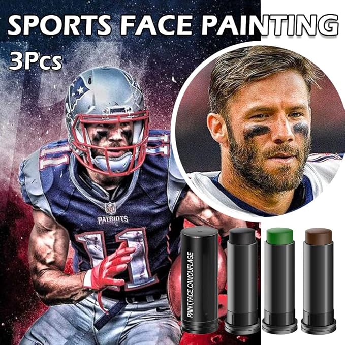 Kaely 3Pcs Face Paint Stick,Eye Black Baseball Football Softball Eye Black Stick for Outdoor Sports,Black Brown Green Camo Face Body Paint Kit,Easy to Color,Halloween Birthday Party Clown Makeup Sets