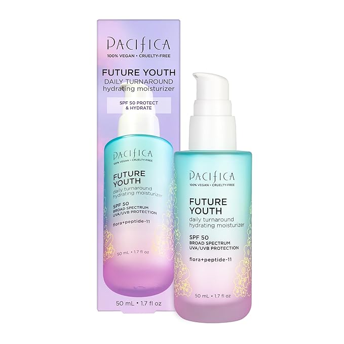 Pacifica Beauty Future Youth Daily Turnaround Hydrating Moisturizer, SPF 50 Broad Spectrum, UVA/UVB Sun Protection, Sunscreen, Face Moisturizer, For Aging and All Skin, Vegan, 1.7 fl oz (1 Count)