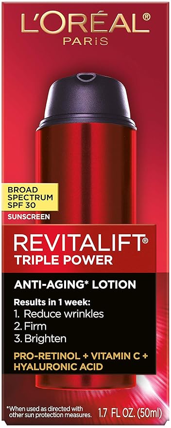 L'Oreal Paris Revitalift Triple Power Anti-Aging Broad Spectrum SPF 30 Sunscreen, Pro Retinol, Hyaluronic Acid & Vitamin C Lotion, Reduces Wrinkles 1.7 Oz