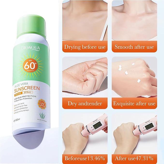 BIOAQUA Aloe Vera Sunscreen Spray SPF60+ PA+++ UVA/UVB Repair Refreshing Moisturizing Waterproof Sweat Resistant 150ml / 5.07fl.oz