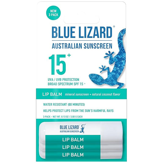 3-Pack Blue Lizard Mineral SPF 15 Lip Balm: Broad Spectrum Sun Protection, Natural Coconut Flavor, 8 Natural Oils, Infused with Australian Kakadu Plum, Rich in Vitamin C, Vegan, Each Tube 0.13 oz.