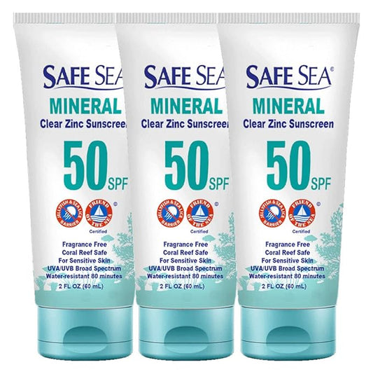 Safe Sea Zinc Oxide Sunscreen SPF50 | Clear Mineral Face Sunscreen Without White Cast | Anti-Jellyfish Sting Protective Lotion | Coral Reef Safe | Travel Size - 2Oz (60ml), Pack of 3