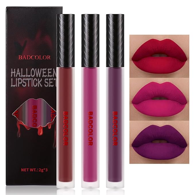 3 Colors Matte Liquid Lipstick Set, Purple Burgundy Lipstick