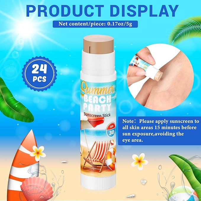 24 Pcs Mini Sunscreen Stick Bulk for Summer Wedding SPF 30 Face Sunscreen Stick Water Resistant Light Skin Tone Sun Block Stick for Thank You Gifts Adults Travel Wedding Party Supplies(Beach Style)