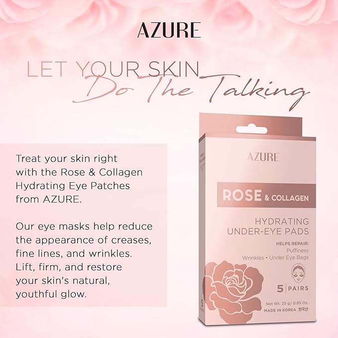 Azure Cosmetics Rose & Collagen Hydrating Under Eye Pads - Anti Aging, Revitalizing & Moisturizing Eye Mask Patches - Reduces Fine Lines, Wrinkles, Dark Circles & Puffiness - Made in Korea - 5 Pairs