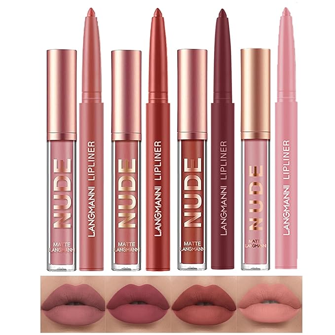 LANGMANNI 4pcs Matte Lipstick with Lipliners Durable Makeup Lipstick