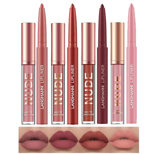 LANGMANNI 4pcs Matte Lipstick with Lipliners Durable Makeup Lipstick