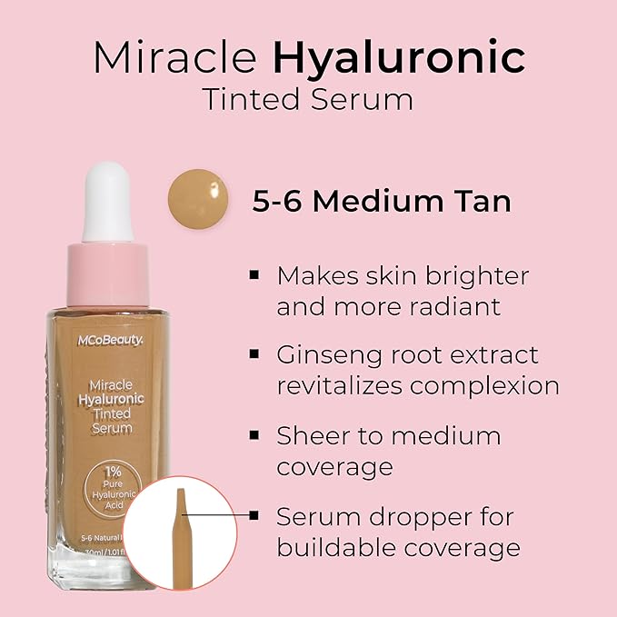 MCoBeauty Miracle Hyaluronic Tinted Serum, 5-6 Medium/Tan, Hydration Free Cosmetics