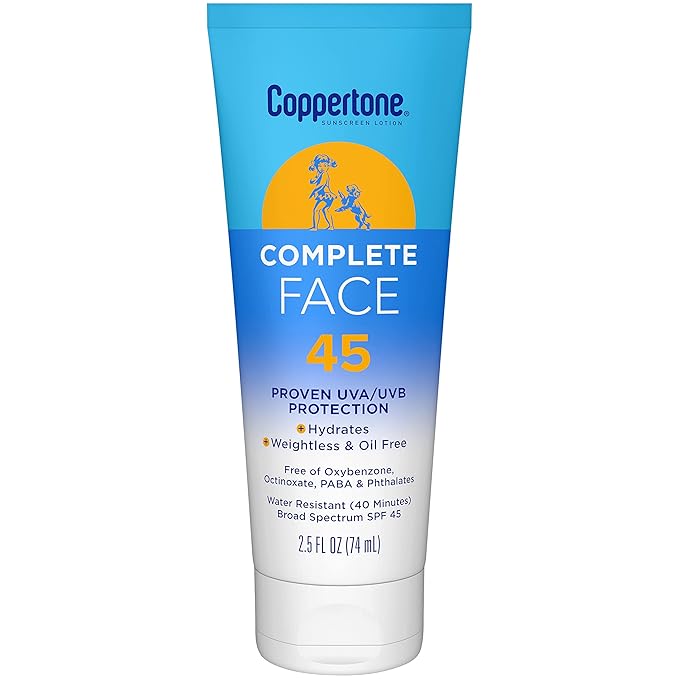 Coppertone Complete Face Sunscreen Lotion SPF 45, Weightless and Oil-Free, Water Resistant Sunscreen with Proven UVA/UVB Protection, 2.5 Fl Oz Tube