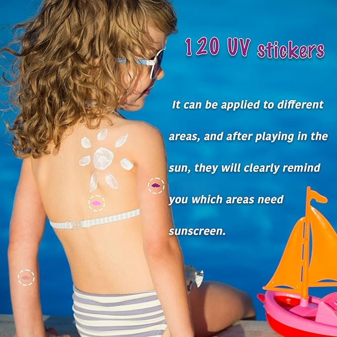 120 Count UV Stickers for Sunscreen Reapply Reminder - Waterproof UV Detection Stickers, Know When to re-Apply Sunscreen, UV Patches Safe for Kids Age 3+ for Maximum Protection