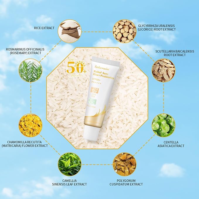 Relief Sun Rice + Probiotics Organic Sunscreen, Rice Sunscreen with UV Defense and SPF50, Moisturizing Sunscreen with Face and Body Protection for All Skin Type