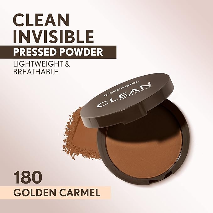 Covergirl Clean Invisible Pressed Powder, Lightweight, Breathable, Vegan Caramel 180, 0.38oz