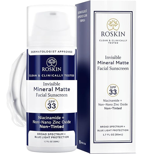 Roskin Invisible Mineral Sunscreen for Face with Non Nano Zinc Oxide - Clinically Tested Nontinted Face Sunscreen with SPF 33 Broad Spectrum & Blue Light Protection - For All Skin Types (1.7 FI Oz)