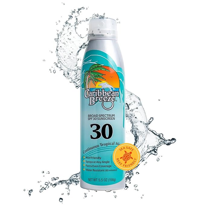 Caribbean Breeze Continuous Tropical Mist SPF 30 Sunscreen Spray, Reef Safe Sunscreen Spray, Up to 80 Minutes Water Resistant Spray, 5.5 Ounces