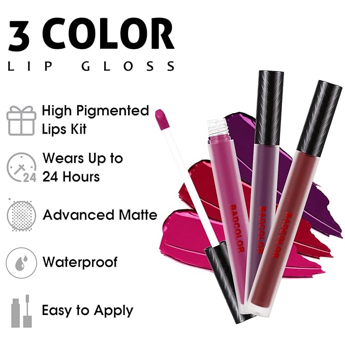 3 Colors Matte Liquid Lipstick Set, Purple Burgundy Lipstick