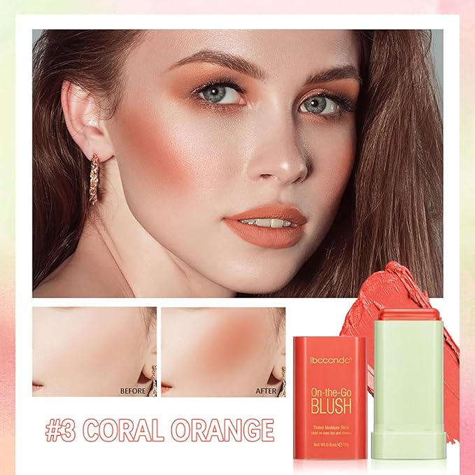 Multi-Use Makeup Blush Stick, Tinted Solid Moisturizer On-the-Go Coral Orange)