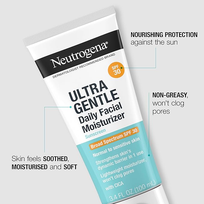 Neutrogena Ultra Gentle Daily Facial Moisturizer with SPF 30 Sunscreen with CICA, Lightweight Face Lotion with Broad Spectrum SPF 30 for Normal to Sensitive Skin, Fragrance-Free, 3.4 fl. oz