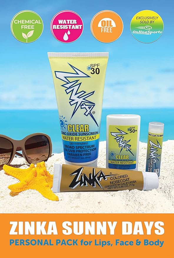 Zinka Sunny Days Personal Pack - SPF 30/50 - UVA & UVB Sunscreen Protection for Face, Body, Lips - Water Resistant, Oil Free, No Parabens (Nosecoat, Lotion, Face Stick, Lip Balm)