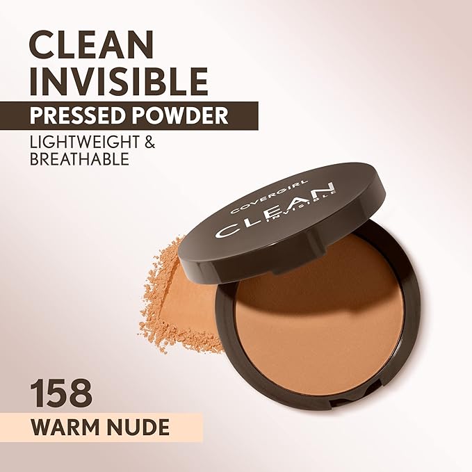 Covergirl Clean Invisible Pressed Powder, Lightweight, Breathable, Vegan Nude 158, 0.38oz