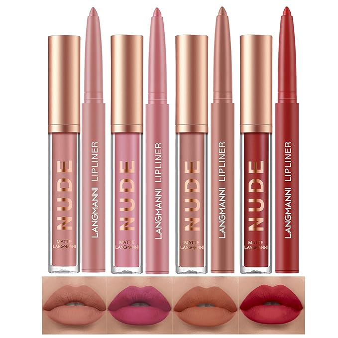 LANGMANNI 4pcs Matte Lipstick with Lipliners Durable Makeup Lipstick