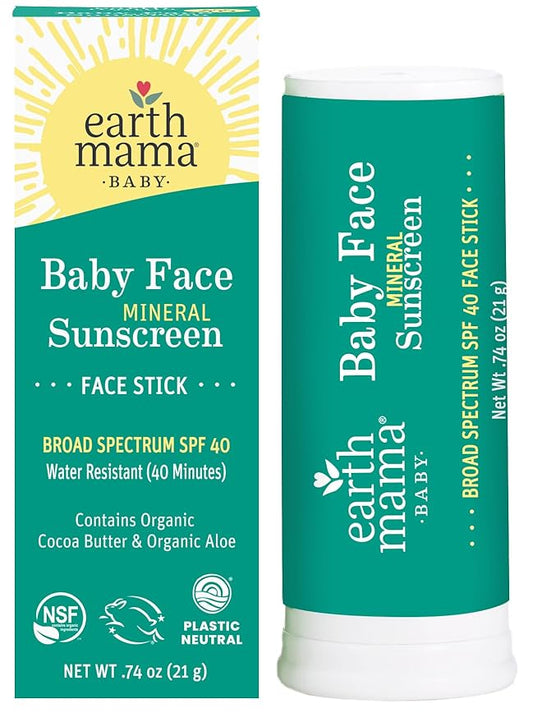 Earth Mama Baby Face Mineral Sunscreen Stick SPF 40 | Reef Safe, Non-Nano Zinc, Contains Organic Cocoa Butter & Aloe | Babies, Kids & Family 0.74-Ounce