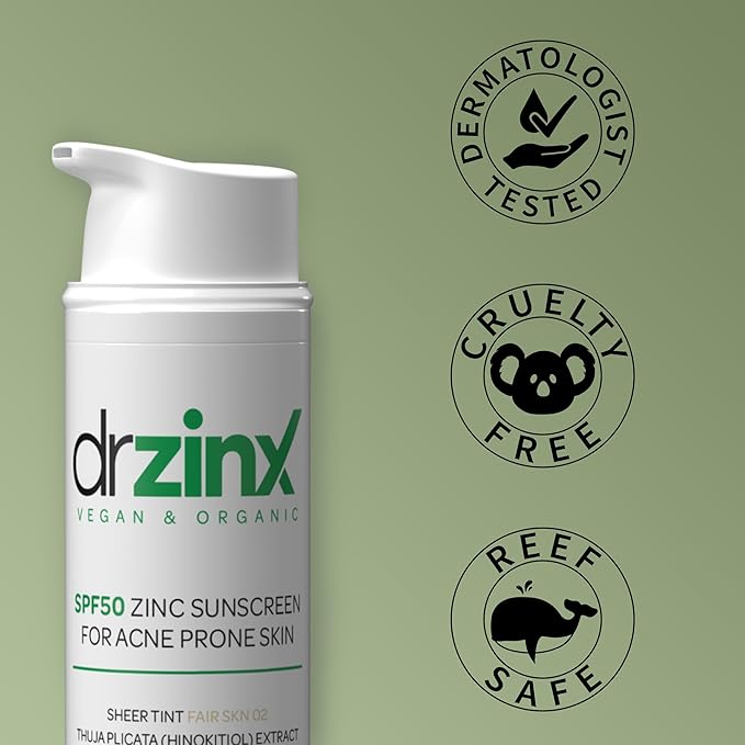 Dr ZinX Organic Mineral Sunscreen for Acne Prone Skin SPF50, OLIVE Tint, Zinc + Hinokitiol (Cedar Oil)