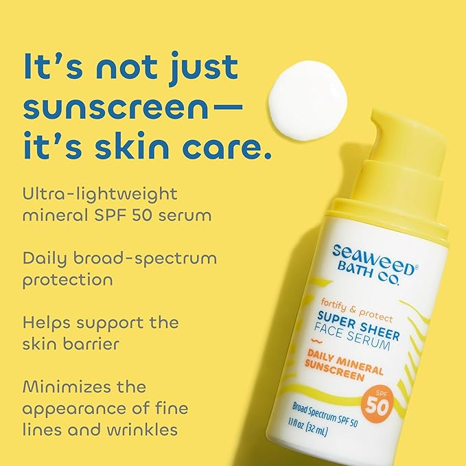 Seaweed Bath Co. Fortify & Protect Super Sheer Face Serum SPF 50 Broad Spectrum Zinc Oxide Facial Sunscreen, 1.1 Ounce, Non-Tinted, Sustainably Harvested Seaweed, Collagen, Ceramides