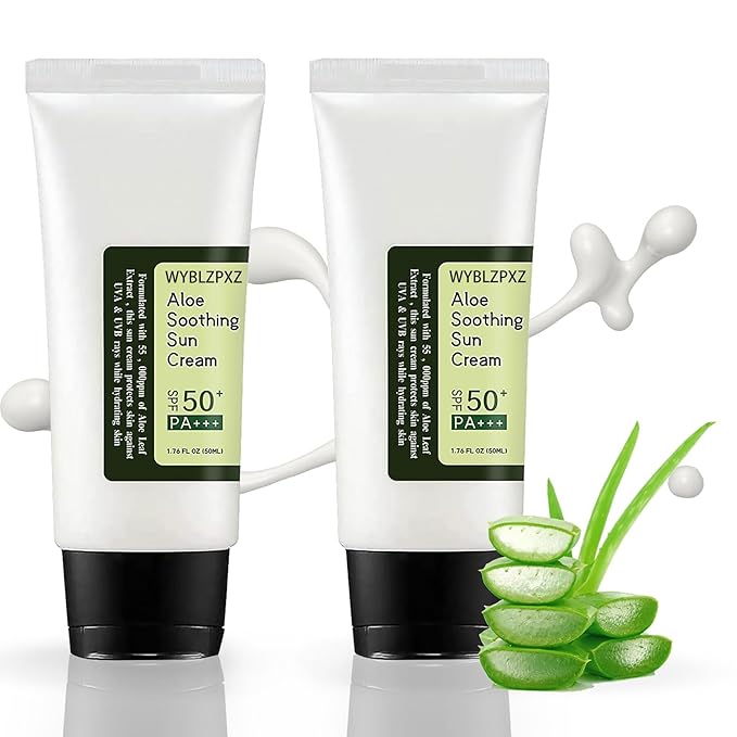 2PCS Aloe Vera Face Body Sunscreen,Moisturizing Facial Sunscreen Lotion,Lightweight Refreshing Face Sun Screen for All Skin Types,Non-Greasy Sunblock Aloe Sun Cream SPF 50 PA+++ for Face