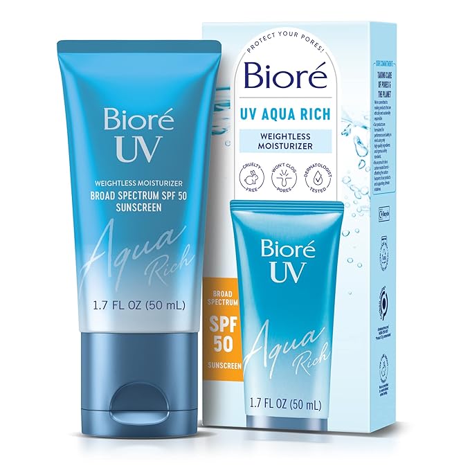 Biore UV Aqua Rich SPF 50 PA++++ Daily Moisturizer Sunscreen for Face, For Sensitive Skin, Oil Free, Hyaluronic Acid, Vegan, Oxybenzone & Octinoxate Free, Dermatologist Tested, 1.7 Oz