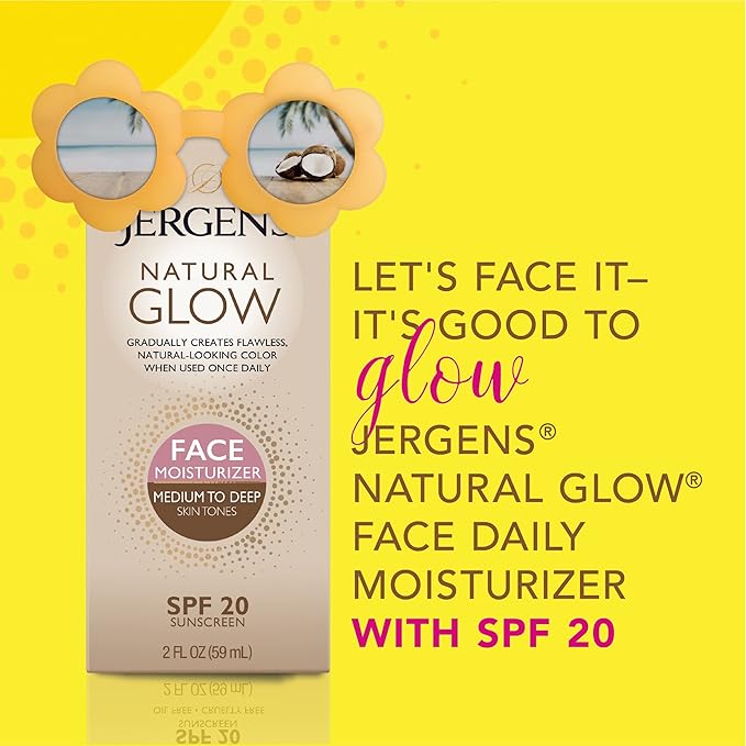 Jergens Natural Glow Self Tanner Face Moisturizer, SPF 20 Facial Sunscreen, Medium to Deep Skin Tone, Sunless Tanning, Oil Free, Broad Spectrum Protection UVA and UVB, 2 oz (Packaging May Vary)