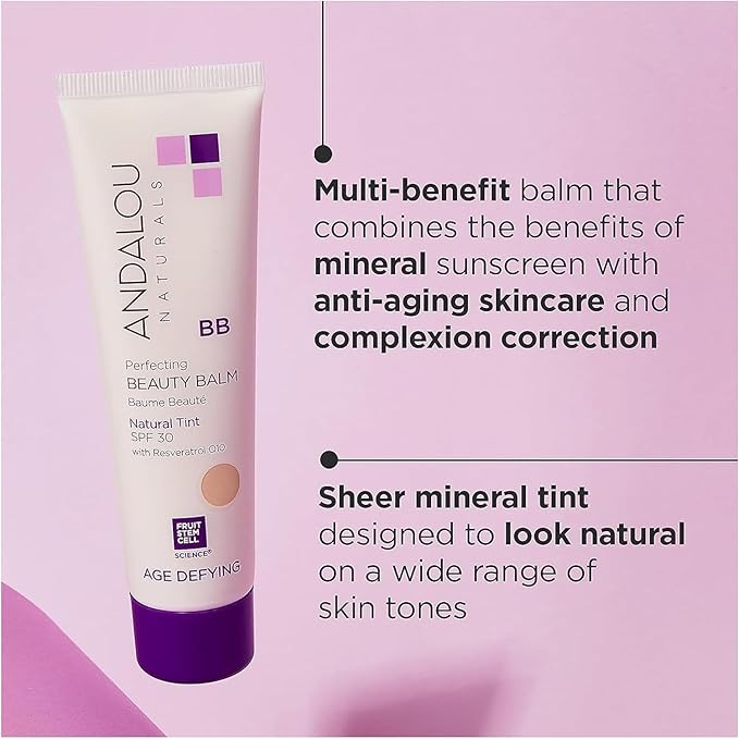 Andalou Naturals Perfecting BB Beauty Balm Natural Tinted Moisturizer with SPF 30, 2-in-1 BB Cream & Face Sunscreen with Broad Spectrum Protection, Mineral Sunscreen with Non-Nano Zinc Oxide, 2 Fl Oz