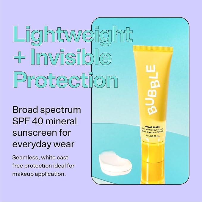 Bubble Skincare Solar Mate Mineral Face Sunscreen Broad Spectrum SPF 40 - Zinc Oxide Sunscreen with Blue Light Protection & Ginseng Extract - Sheer, Lightweight Coverage With No White Cast (50ml)