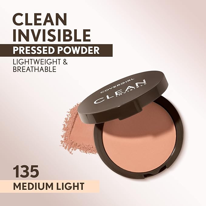 Covergirl Clean Invisible Pressed Powder, Lightweight, Breathable, Vegan Light 135, 0.38oz