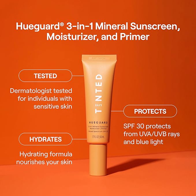 Live Tinted Hueguard® 3-in-1 Mineral Sunscreen, Moisturizer, & Primer for Face and Body - Hydrate and Protect the Skin Year Round - SPF 30 to Protect Against UVA/UVB Rays, 1.7 Fl Oz