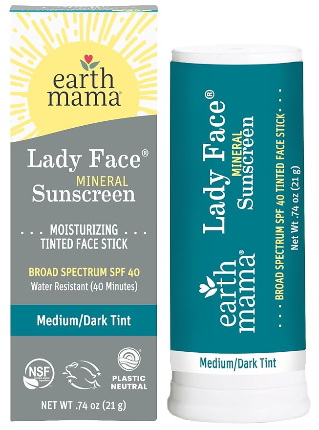 Earth Mama Lady Face® Tinted Mineral Sunscreen Stick, SPF 40 Medium/Dark Tint | Contains Organic Shea & Cocoa Butter | Foundation + Concealer + Contour, Blends with Most Skin Tones