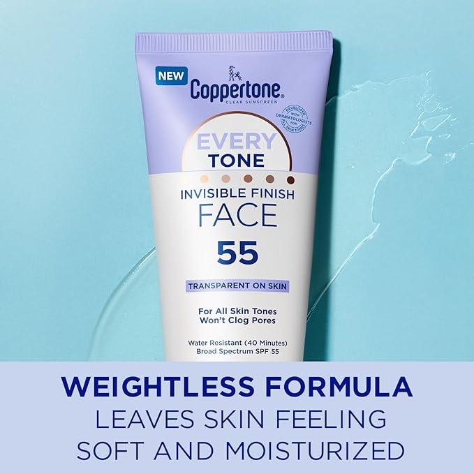 Coppertone Every Tone Invisible Finish Face Sunscreen Lotion SPF 55, Lightweight, Blends in Clear Sunscreen for All Skin Tones, 2 Fl Oz Tube