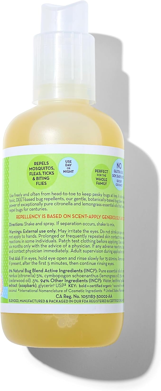 California Baby Natural Bug Repellent Spray | Citronella & Lemongrass Bug Spray | DEET-Free | Repels Mosquitoes | Allergy Friendly | Great Smell | Baby & Adult Insect Repellent Spray | 192 mL / 6.5oz