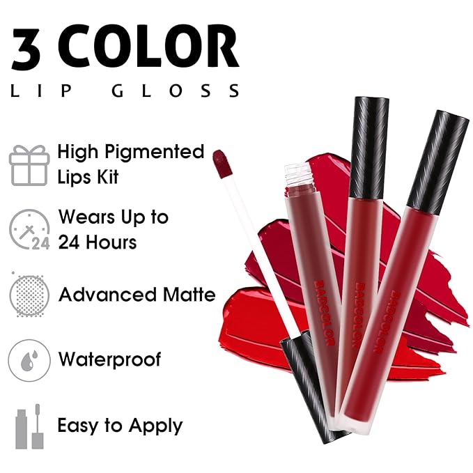 3 Colors Red Matte Liquid Lipstick Set, Burgundy Lipstick