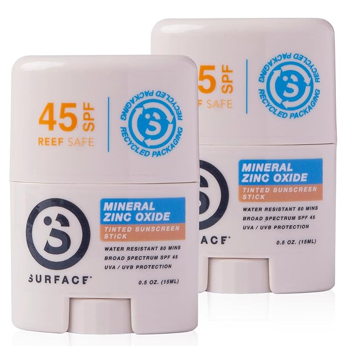 Surface Mineral Face Sunscreen Stick, Water Resistant, UVA/UVB Broad Spectrum, Fast Drying Protection, PABA Free - SPF 45 - TINTED (2 Pack)