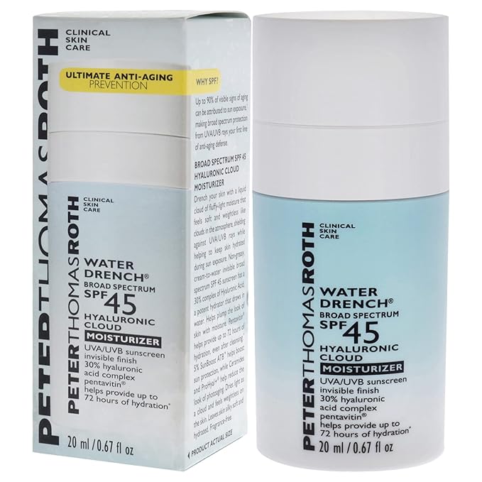 Peter Thomas Roth | Water Drench Broad Spectrum SPF 45 Hyaluronic Cloud Moisturizer | SPF Moisturizer for Face, Lightweight and Water-Resistant, 0.67 fluid ounces (Pack of 1)