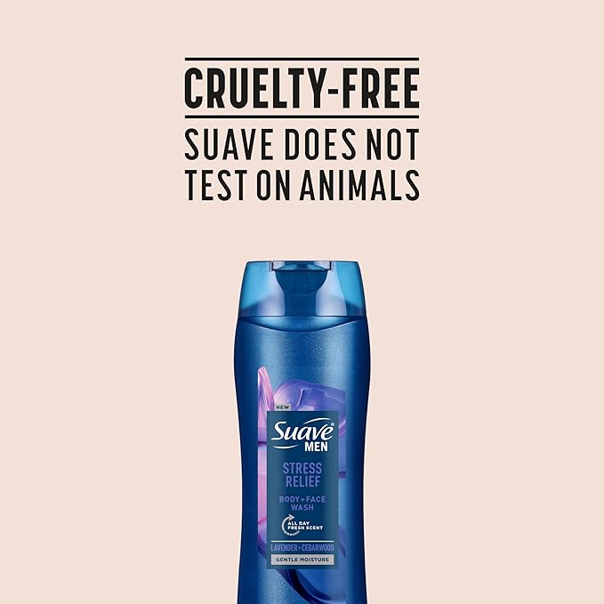Suave Men’s Stress Relief Body + Face Wash, Gentle Moisture with Lavender & Cedarwood All Day Fresh Scent, 18 oz, 6 Pack