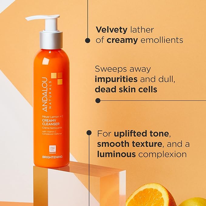 Andalou Naturals Complexion Evening Meyer Lemon + C Creamy Cleanser, Face Wash for Uplifted Tone & Smoother Texture, Helps Renew Skin Vitality & Even Complexion, Cruelty Free, 6 Oz
