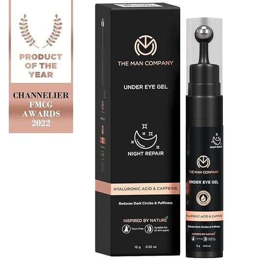 The Man Company Under Eye Gel With Cooling Massage Roller For Dark Circles, Fine Lines & Puffy Eyes with Caffeine & Hyaluronic Acid – 15gm