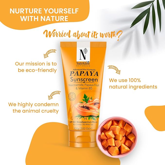 NutriGlow NATURAL'S Advanced Pro Formula Papaya Sunscreen SPF 50, No White Cast, Lightweight For Oily & Dry skin, 3.5Oz