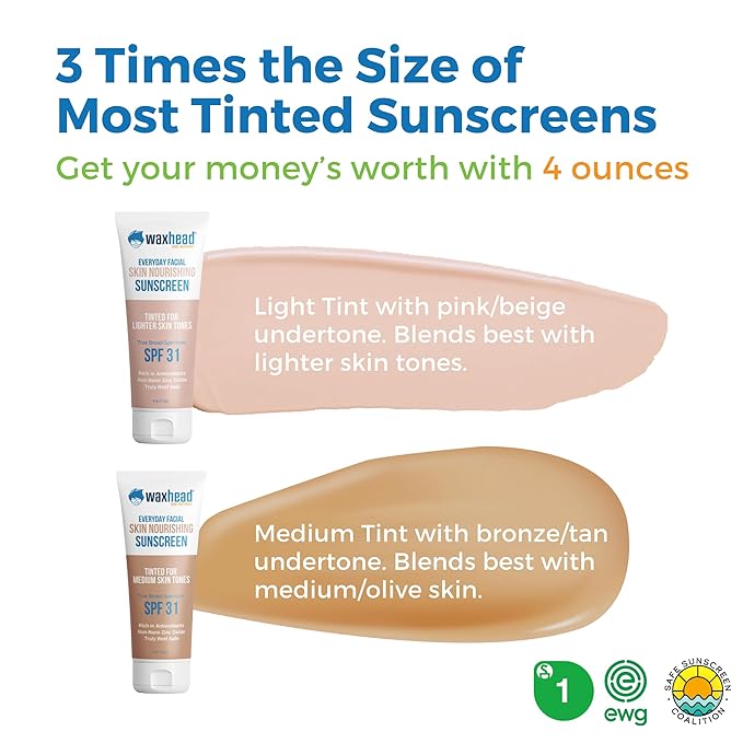 Waxhead Tinted Sunscreen with Zinc Oxide (Sheer Medium Tint) - Tinted Mineral Sunscreen, BB Cream Tinted Moisturizer with SPF 31, Bloqueador Solar Facial (4oz)