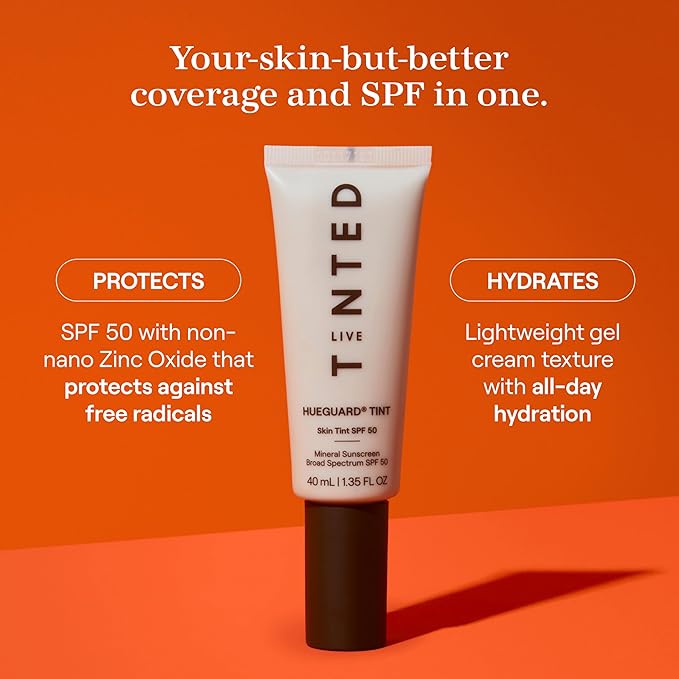 Live Tinted Hueguard Skin Tint SPF 50 - Tinted Mineral Sunscreen with Light-Medium Buildable Coverage With a Hydrating and Radiant Finish - Water and Sweat Resistant, 1.35 fl oz - Shade 10