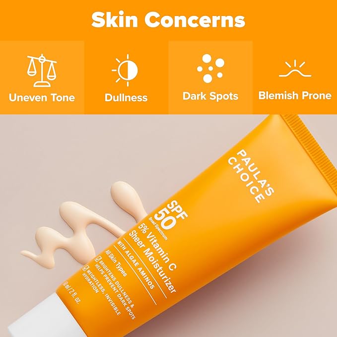 Paula’s Choice 5% Vitamin C Sheer Moisturizer SPF 50, Lightweight Invisible Broad-Spectrum Sunscreen, Brightens Dullness, Prevents Dark Spots, For All Skin Types Including Blemish-Prone, 2 Fl Oz.