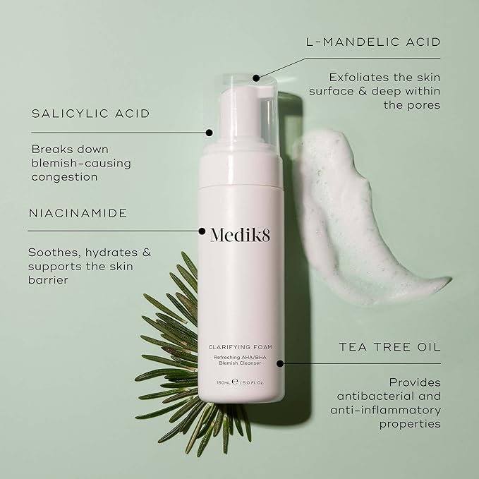 Medik8 Clarifying Foam - Lightweight Exfoliating AHA and BHA Cleanser - Salicylic Acid and Nicacinamide - Non-Drying, Sensitive Skin-Safe Foam Formula for Gentle Daily Facial Cleansing - 5 oz