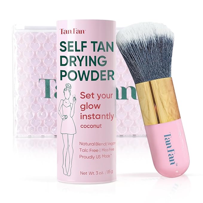 Self Tan Drying Powder Kit - Stops Sticky Feeling - Sets Sunless Tanner - 100% Vegan Talc-Free Translucent Natural Blend Setting w Brush + Pouch For Smooth Silky Skin - USA Made (Coconut 3oz)