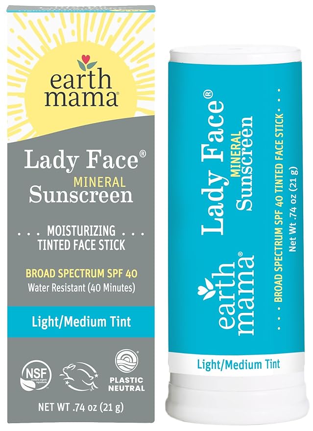 Earth Mama Lady Face® Tinted Mineral Sunscreen Face Stick SPF 40 Light/Medium Tint | Contains Organic Shea & Cocoa Butter | Foundation + Concealer Blends with Most Skin Tones